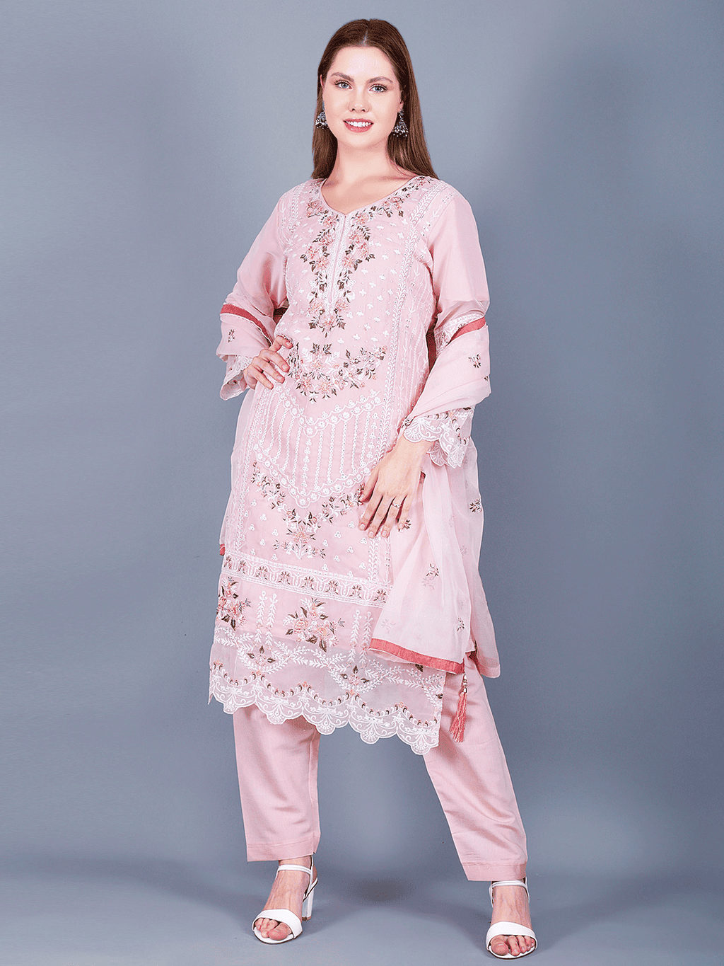 Pink Rose Embroidered Kurta Pant Set