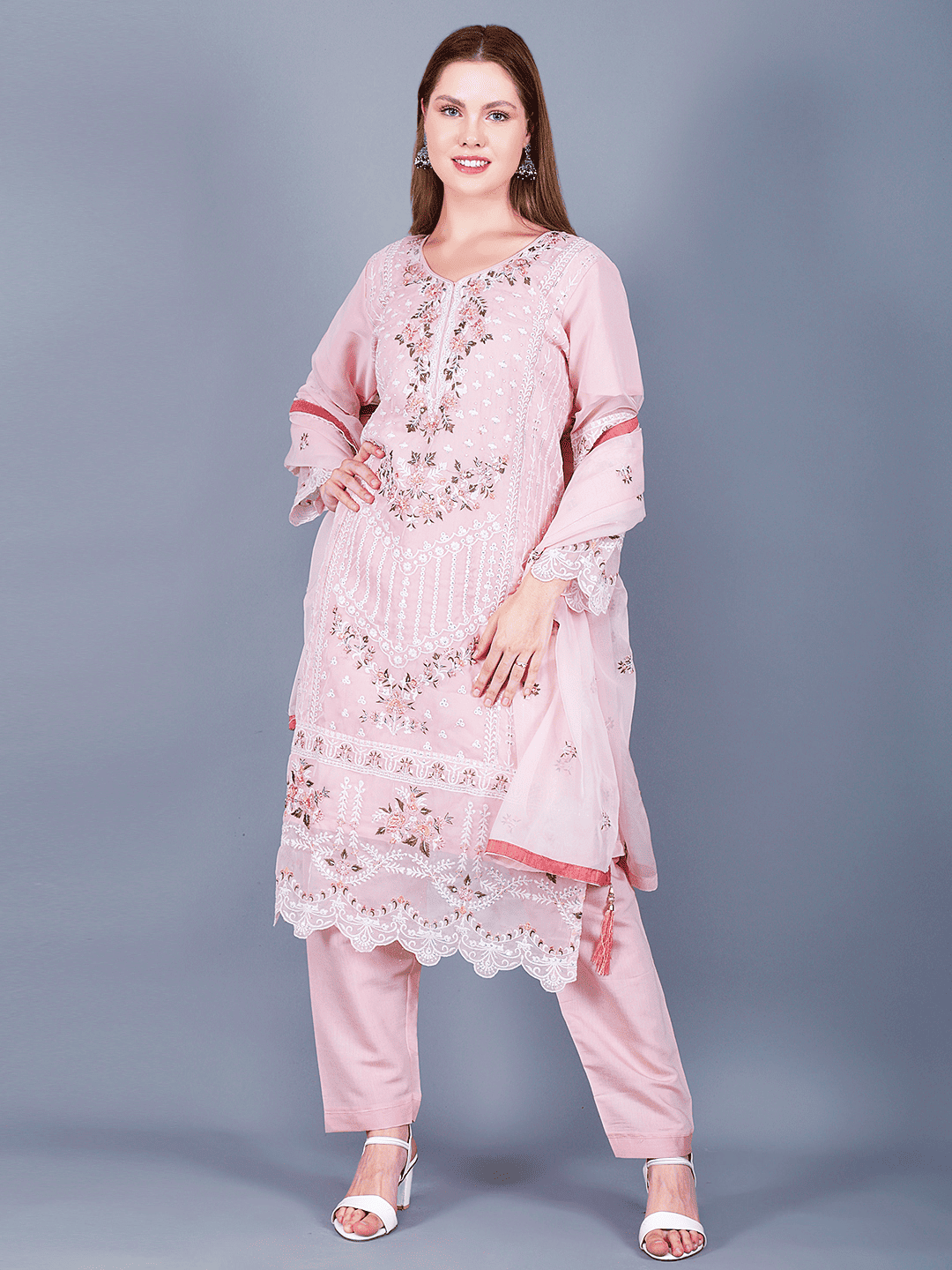 Pink Rose Embroidered Kurta Pant Set
